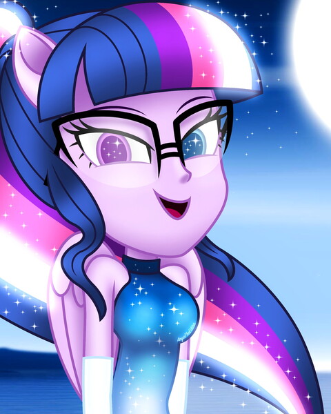 Size: 2000x2500 | Tagged: safe, artist:aryatheeditor, derpibooru import, sci-twi, twilight sparkle, equestria girls, accessories, bare shoulders, beautiful, bedroom eyes, breasts, bust, clothes, colored pupils, cute, digital art, dress, element of magic, evening gloves, female, geode of telekinesis, glasses, gloves, glow, glowing hair, heterochromia, image, jpeg, long gloves, long hair, looking at you, magical geodes, moon, nerd, night, outfit, photo, ponied up, pony ears, powerful sparkle, sleeveless, solo, sparkles, twiabetes, wings