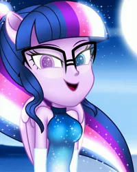 Size: 2000x2500 | Tagged: safe, artist:aryatheeditor, derpibooru import, sci-twi, twilight sparkle, equestria girls, accessories, bare shoulders, beautiful, bedroom eyes, breasts, bust, clothes, colored pupils, cute, digital art, dress, element of magic, evening gloves, female, geode of telekinesis, glasses, gloves, glow, glowing hair, heterochromia, image, jpeg, long gloves, long hair, looking at you, magical geodes, moon, nerd, night, outfit, photo, ponied up, pony ears, powerful sparkle, sleeveless, solo, sparkles, twiabetes, wings