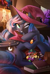 Size: 2880x4272 | Tagged: safe, artist:renokim, banned from derpibooru, deleted from derpibooru, derpibooru import, princess luna, alicorn, pony, book, candle, candy, female, food, halloween, hat, holiday, image, korean, looking at you, mare, moon runes, one eye closed, png, smiling, solo, wink, witch costume, witch hat