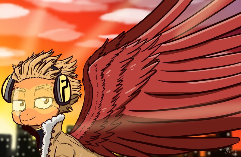 Size: 3840x2500 | Tagged: safe, artist:shinycyan, derpibooru import, ponified, pegasus, pony, anime, city, clothes, crossover, hawks, headphones, image, jpeg, keigo takami, large wings, my hero academia, solo, sunset, wings