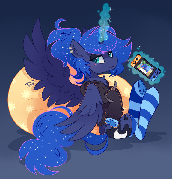 Size: 2200x2300 | Tagged: safe, alternate version, artist:liquorice_sweet, derpibooru import, princess luna, alicorn, pony, gamer luna, animal crossing, animal crossing: new horizons, bean bag chair, butt, clothes, cute, female, gamer, gaming, high res, hoodie, image, mare, nintendo switch, plot, png, ponytail, princess, simple background, socks, solo, striped socks