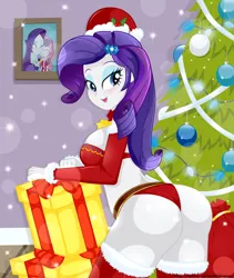 Size: 3200x3800 | Tagged: suggestive, artist:diamondheart21, derpibooru import, rarity, sweetie belle, equestria girls, adorasexy, bag, beautisexy, bedroom eyes, box, breasts, busty rarity, butt, christmas, christmas lights, christmas tree, clothes, costume, cute, female, gloves, hat, holiday, image, jpeg, long gloves, looking at you, looking back, looking back at you, photo, present, rearity, santa costume, santa hat, sexy, smiling, socks, solo, solo female, stupid sexy rarity, thigh highs, tree, underwear