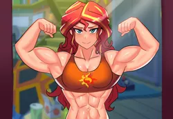 Size: 900x624 | Tagged: safe, artist:tzc, derpibooru import, sunset shimmer, human, equestria girls, abs, anime, belly button, biceps, breasts, busty sunset shimmer, clothes, commission, female, fetish, flexing, human coloration, image, looking at self, looking at you, mirror, muscle fetish, muscles, muscular female, png, smiling, sports bra, sunset lifter