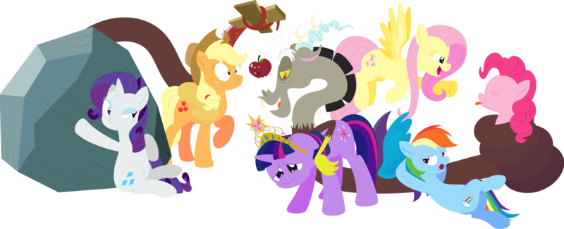 Size: 1920x779 | Tagged: safe, alternate version, artist:alexdti, derpibooru import, applejack, fluttershy, pinkie pie, rainbow dash, rarity, tom, twilight sparkle, draconequus, earth pony, pegasus, pony, unicorn, the return of harmony, angry, apple, applejack's hat, big crown thingy, cowboy hat, crying, discorded, element of magic, female, food, hat, image, jewelry, male, mane six, mare, open mouth, pffftftpfpfffttff, png, pointing, regalia, rock, rude, sad, simple background, sitting, tongue out, transparent background, unicorn twilight