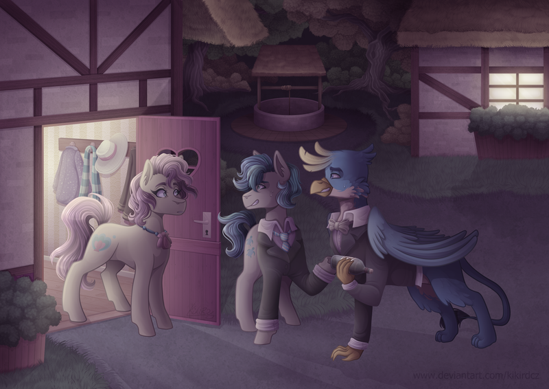 Size: 4960x3507 | Tagged: safe, artist:kikirdcz, derpibooru import, gallus, high tide (g4), sandbar, earth pony, gryphon, pony, absurd resolution, clothes, commission, date, door, fanfic art, female, gallbar, gay, gay in front of girls, house, image, implied gallbar, male, mother and child, mother and son, png, ponyville, shipping, suit, teenager, well