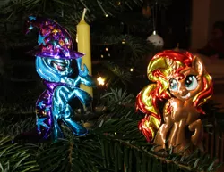 Size: 3328x2572 | Tagged: safe, alternate version, artist:malte279, derpibooru import, sunset shimmer, trixie, christmas, christmas lights, christmas tree, craft, hearth's warming eve, holiday, image, jpeg, metal foil, relief, tree