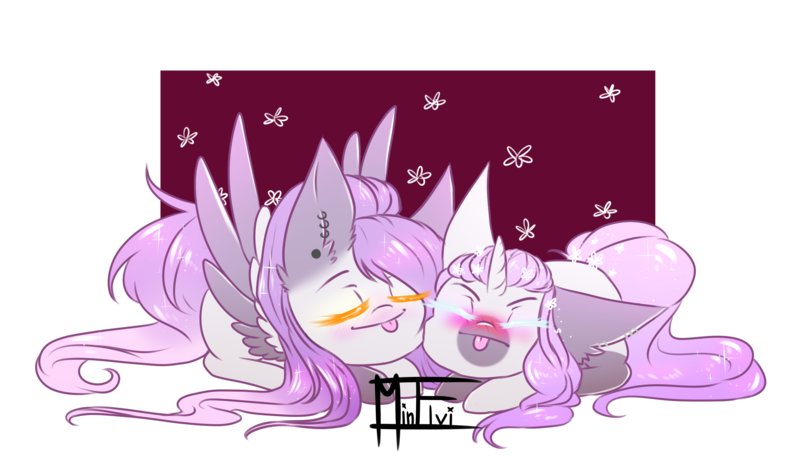 Size: 2632x1556 | Tagged: safe, artist:minelvi, derpibooru import, oc, unofficial characters only, pegasus, pony, :p, blushing, chibi, duo, eyes closed, female, image, lying down, mare, pegasus oc, png, prone, signature, simple background, tongue out, transparent background, wings