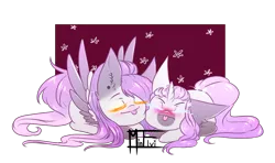 Size: 2632x1556 | Tagged: safe, artist:minelvi, derpibooru import, oc, unofficial characters only, pegasus, pony, :p, blushing, chibi, duo, eyes closed, female, image, lying down, mare, pegasus oc, png, prone, signature, simple background, tongue out, transparent background, wings