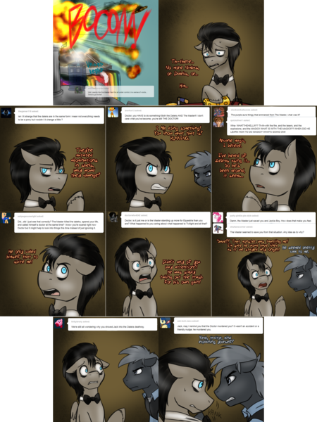 Size: 2254x3006 | Tagged: safe, artist:jitterbugjive, derpibooru import, doctor whooves, star hunter, time turner, ponified, pegasus, pony, ask discorded whooves, angry, betrayal, betrayed, bowtie, comic, crossover, denial, discord whooves, discorded, doctor who, doctor whooves is not amused, image, implied dalek, jack harkness, male, png, race swap, stallion, tardis, tardis console room, tardis control room, the doctor, ufo