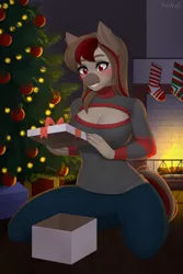 Size: 853x1280 | Tagged: suggestive, artist:pewas, derpibooru import, oc, unofficial characters only, anthro, earth pony, big breasts, blushing, boob window, breasts, christmas, christmas lights, christmas stocking, christmas tree, cleavage, clothes, commission, digital art, ear piercing, earring, female, fireplace, holiday, image, jeans, jewelry, jpeg, kneeling, looking down, open-chest sweater, pants, piercing, present, smiling, socks, solo, solo female, sweat, sweater, tail, thighs, tree, wide hips, ych result