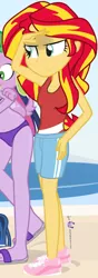 Size: 678x1917 | Tagged: safe, artist:dm29, derpibooru import, spike, sunset shimmer, twilight sparkle, dog, human, equestria girls, beach, clothes, cropped, crossdressing, down under summer, green eyes, gym shorts, hand on hip, happy, image, multicolored hair, no socks, one-piece swimsuit, outdoors, png, purple skin, sand, sandals, shiny skin, shoes, shorts, smiling, sneakers, solo focus, spike the dog, sun, sunscreen, swimsuit, tanktop, teal eyes, tomboy, trainers, two toned footwear, two toned hair, two toned topwear, water, yellow skin
