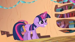 Size: 1280x720 | Tagged: safe, derpibooru import, screencap, twilight sparkle, pony, unicorn, secret of my excess, adorkable, blushing, book, bookhorse, cute, dork, female, floppy ears, golden oaks library, grin, hiding, image, levitation, library, lidded eyes, magic, mare, png, present, raised hoof, smiling, solo, squee, stairs, telekinesis, twiabetes, unicorn twilight