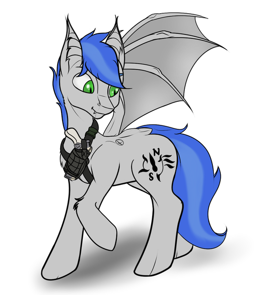 Size: 1013x1110 | Tagged: safe, artist:shade stride, derpibooru import, oc, oc:shade stride, unofficial characters only, bat pony, fangs, full body, gun, image, male, png, sierra nevada, simple background, solo, spread wings, weapon, white background, wings