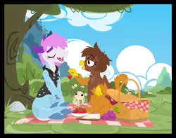 Size: 1500x1179 | Tagged: safe, artist:sherathoz, derpibooru import, oc, unofficial characters only, dragon, gryphon, rabbit, animal, basket, cloud, food, grapes, image, picnic, picnic basket, picnic blanket, png, strawberry, tree