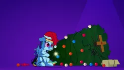 Size: 7680x4320 | Tagged: safe, artist:dacaoo, derpibooru import, rainbow dash, pegasus, pony, christmas, christmas lights, christmas tree, grumpy, grumpy dash, hat, holiday, image, png, santa hat, sitting, solo, sparkler (firework), tree, wallpaper