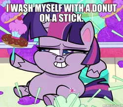 Size: 600x522 | Tagged: safe, derpibooru import, edit, edited screencap, screencap, twilight sparkle, twilight sparkle (alicorn), alicorn, pony, my little pony: pony life, pie vs. pie, spoiler:pony life s01e23, caption, dough-cup-pop, fat, female, image, image macro, jpeg, solo, teeth, text, the simpsons, twilard sparkle