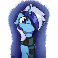 Size: 2189x2160 | Tagged: safe, artist:luneinspace, derpibooru import, minuette, pony, unicorn, abstract background, clothes, female, hair over one eye, image, jpeg, looking at you, mare, scarf, smiling, solo