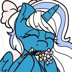 Size: 1000x1000 | Tagged: safe, artist:glittiewings, derpibooru import, oc, oc:fleurbelle, alicorn, pony, alicorn oc, bow, eyes closed, female, flower, hair bow, horn, image, mare, mouth hold, png, simple background, transparent background, wings