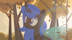 Size: 3840x2160 | Tagged: safe, artist:brutalweather studio, derpibooru import, oc, oc:blue visions, unofficial characters only, changeling, absurd file size, animated, autumn, blue changeling, commission, cute, female, image, leaves, ocbetes, pony eyes, scrunchy face, solo, tree, webm, ych result