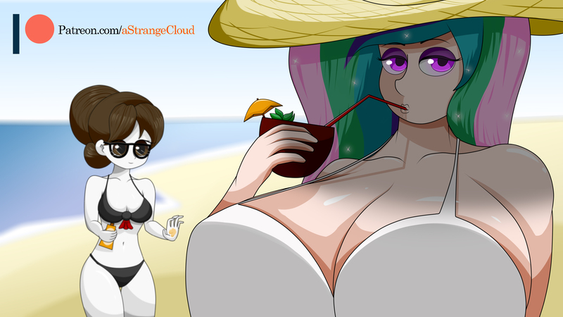 Size: 4096x2304 | Tagged: suggestive, artist:a-strange-cloud, derpibooru import, princess celestia, raven, human, beverage, big breasts, bikini, breasts, busty princess celestia, clothes, cocktail, coconut, coconut drink, drink, drinking straw, female, food, glasses, hat, huge breasts, humanized, hyper, hyper breasts, image, impossibly large breasts, jpeg, looking at you, straw, straw hat, sunscreen, swimsuit