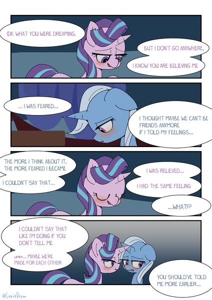 Size: 3035x4299 | Tagged: safe, artist:lexiedraw, derpibooru import, starlight glimmer, trixie, pony, unicorn, blushing, comic, dialogue, drunk, female, high res, image, lesbian, png, shipping, startrix