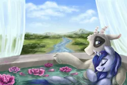 Size: 3232x2171 | Tagged: safe, artist:elisdoominika, derpibooru import, oc, oc:muffinkarton, goat, pony, unicorn, bathing, chillaxing, cloud, cuddling, curtains, eyes closed, flower, goat oc, image, looking at each other, png, relaxing, river, rose, scenery, sky, smiling, snuggling, water