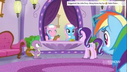 Size: 1366x768 | Tagged: safe, derpibooru import, screencap, aloe, lotus blossom, rainbow dash, spike, starlight glimmer, twilight sparkle, alicorn, dragon, earth pony, pegasus, pony, deep tissue memories, spoiler:deep tissue memories, 9now, butt, excited, eyes closed, female, glimmer glutes, hoof hold, image, implied pinkie pie, looking at each other, mare, picture frame, plot, png, ponyville, ponyville spa, quartet, quartet focus, spa, spa pony, winged spike