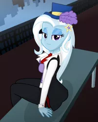 Size: 1250x1556 | Tagged: safe, artist:charliexe, artist:grapefruitface1, derpibooru import, trixie, equestria girls, base used, bench, city, clothes, gameloft, gameloft interpretation, hat, image, looking at you, necktie, outdoors, png, sidewalk