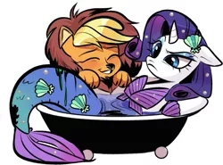 Size: 627x465 | Tagged: safe, artist:switchsugar, derpibooru import, applejack, rarity, earth pony, mermaid, merpony, pony, unicorn, animal costume, applelion, bath, bathtub, clothes, costume, duo, female, image, mare, mermaid tail, mermarity, nightmare night, nightmare night costume, png, seashell, simple background, white background