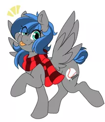 Size: 662x768 | Tagged: safe, artist:littlebibbo, derpibooru import, oc, oc:bibbo, unofficial characters only, pegasus, pony, :p, clothes, female, freckles, hair over one eye, image, jpeg, looking at you, mare, raised hoof, raised leg, scarf, simple background, smiling, solo, spread wings, tongue out, white background, wings