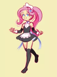 Size: 847x1145 | Tagged: safe, artist:drantyno, banned from derpibooru, derpibooru import, fluttershy, equestria girls, clothes, cute, female, fluttermaid, image, lolicon, maid, png, shyabetes, simple background, socks, stockings, thigh highs, underage, yellow background, younger