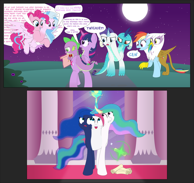 Size: 2849x2696 | Tagged: safe, artist:mlpconjoinment, derpibooru import, gilda, pinkie pie, princess celestia, princess ember, princess luna, rainbow dash, rarity, silverstream, spike, twilight sparkle, oc, oc:vocal love, conjoined, fusion, image, multiple heads, png, this will end in jail time, three heads, two heads, wat, we have become one, what has magic done, what has science done