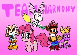 Size: 1277x912 | Tagged: safe, artist:harmonybunny2021, derpibooru import, pinkie pie, broom, crash bandicoot, crash bandicoot (character), cream the rabbit, crossover, flying, flying broomstick, image, jewelpet, png, ruby (jewelpet), sanrio, sega, sonic the hedgehog (series), spyro the dragon, team, team harmony