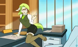 Size: 1737x1064 | Tagged: suggestive, artist:redxbacon, derpibooru import, oc, oc:golden keylime, anthro, businessmare, clothes, come hither, dress shirt, female, image, jpeg, necktie, office, office lady, pencil skirt, skirt, socks, stockings, thigh highs, vest