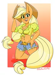 Size: 1359x1837 | Tagged: safe, artist:feathers-ruffled, derpibooru import, applejack, anthro, earth pony, 2020, applejack's hat, arm freckles, belly button, belly freckles, belt, blonde mane, breasts, chest freckles, cleavage, clothes, confident, cowboy hat, cowgirl, denim shorts, eye clipping through hair, female, freckles, front knot midriff, green eyes, hat, image, leg freckles, midriff, png, ponytail, shirt, shorts, smiling, solo, tail, tomboy