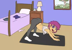 Size: 1414x1000 | Tagged: suggestive, artist:happy harvey, derpibooru import, scootaloo, equestria girls, alarm clock, bed, bedroom, butt, clock, clothes, downward dog, drawn on phone, female, image, iwtcird, lamp, looking at you, loose fitting clothes, meme, midriff, panties, pants, pillow, pink underwear, png, scootabutt, shirt, socks, solo, stretching, tanktop, underwear, window, yoga, yoga mat, yoga pants