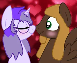 Size: 1008x828 | Tagged: safe, artist:amgiwolf, artist:mellow91, derpibooru import, oc, oc:glass sight, oc:mellow rhythm, pegasus, pony, unicorn, beard, blushing, couple, cute, duo, eyes closed, facial hair, female, flustered, glasses, heart, heart background, image, love, male, mare, nuzzling, oc x oc, ocbetes, png, shipping, smiling, stallion, wavy mouth