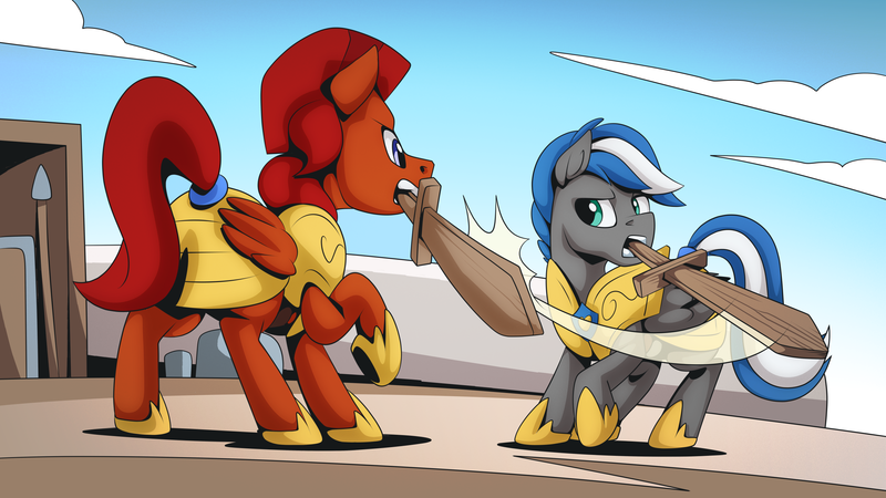 Size: 2560x1440 | Tagged: safe, artist:mysticalpha, derpibooru import, oc, oc:captain sunride, oc:cloud zapper, unofficial characters only, pegasus, pony, armor, image, male, pegasus oc, png, royal guard, royal guard armor, stallion, sword, training, weapon, wings, wooden sword