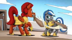 Size: 2560x1440 | Tagged: safe, artist:mysticalpha, derpibooru import, oc, oc:captain sunride, oc:cloud zapper, unofficial characters only, pegasus, pony, armor, image, male, pegasus oc, png, royal guard, royal guard armor, stallion, sword, training, weapon, wings, wooden sword
