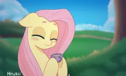 Size: 2000x1200 | Tagged: safe, artist:hrukii, derpibooru import, fluttershy, pony, blurred background, blushing, bust, cup, cute, eyes closed, female, floppy ears, food, hoof hold, image, jpeg, mare, outdoors, portrait, shyabetes, smiling, solo, tea, teacup, three quarter view