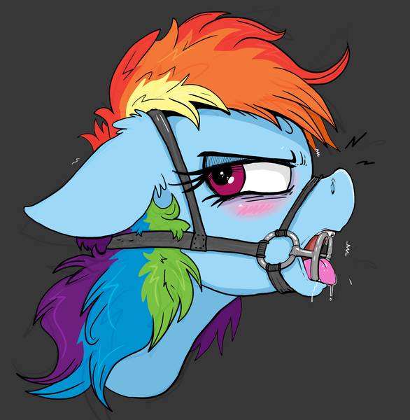 Size: 3886x3982 | Tagged: questionable, artist:paskanaakka, derpibooru import, rainbow dash, pony, angry, biting, blushing, bridle, bust, dashsub, derpibooru exclusive, drool, ear fluff, female, femsub, floppy ears, gag, image, mare, png, portrait, ring gag, simple background, solo, solo female, submissive, tack, tongue out