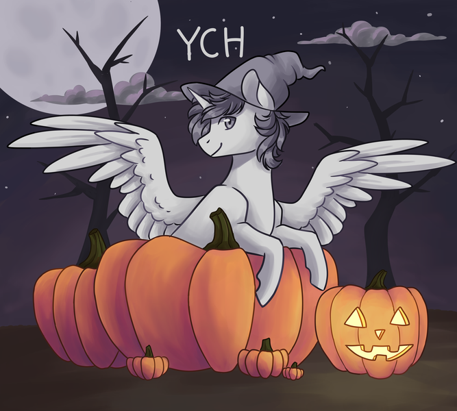 Size: 3000x2700 | Tagged: safe, artist:flaming-trash-can, derpibooru import, pony, cloud, commission, halloween, hat, holiday, image, jack-o-lantern, night, png, pumpkin, solo, tree, witch hat, ych example, your character here