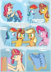 Size: 2480x3508 | Tagged: safe, artist:kozachokzrotom, author:bigonionbean, derpibooru import, applejack, pinkie pie, rainbow dash, sunset shimmer, oc, oc:queen motherly morning, alicorn, earth pony, pegasus, pony, unicorn, comic:couple of the crystal empire, alicorn oc, armor, button shirt, closet, clothes, comic, commissioner:bigonionbean, cowboy hat, crystal empire, dialogue, doors, embarrassed, female, fusion, fusion:queen motherly morning, hat, horn, image, magic, palace, png, royal guard, royal guard armor, royalty, stetson, thought bubble, torn clothes, uniform, wings, wonderbolts uniform
