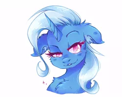 Size: 1000x800 | Tagged: safe, artist:silversweety, derpibooru import, trixie, pony, unicorn, bust, cheek fluff, chest fluff, ear fluff, female, floppy ears, image, jpeg, lidded eyes, mare, neck fluff, no pupils, portrait, simple background, smiling, smirk, solo, white background