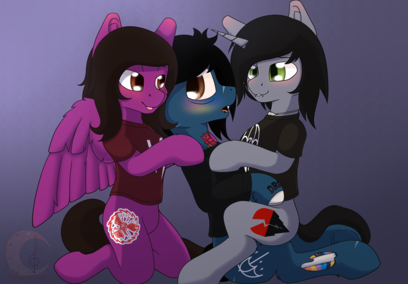 Size: 3868x2698 | Tagged: safe, artist:avery-valentine, artist:nekoremilia1, derpibooru import, oc, ponified, ponified:kellin quinn, ponified:oliver sykes, earth pony, pegasus, pony, undead, unicorn, zombie, zombie pony, anatomically incorrect, bags under eyes, blood, blushing, bone, bring me the horizon, clothes, colored blushing, commission, drop dead clothing, fangs, gay, holding, horn, image, incorrect leg anatomy, jewelry, lip piercing, looking back, male, necklace, nose piercing, pierce the veil, piercing, png, rainbow blood, scar, shipping, shirt, sitting on lap, sleeping with sirens, spread wings, stallion, stitches, t-shirt, tattoo, torn ear, trio, vic fuentes, wings, ych result