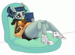Size: 2470x1820 | Tagged: safe, artist:pantheracantus, derpibooru import, oc, oc:ruituri nox, unofficial characters only, anthro, earth pony, plantigrade anthro, bean bag, clothes, ear piercing, earring, food, hoodie, image, jewelry, jpeg, mouth hold, nintendo ds, nom, piercing, prosthetic hand, prosthetics, shoes, shorts, sneakers, solo