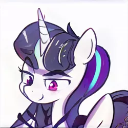 Size: 1024x1024 | Tagged: safe, artist:thisponydoesnotexist, derpibooru import, machine learning generated, horn, image, jpeg, looking down, neural network, neural network abomination, not starlight glimmer, simple background, white background