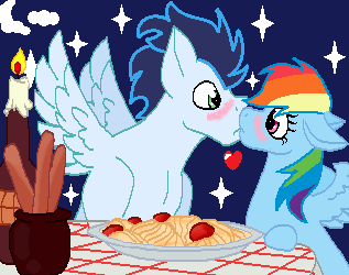 Size: 317x250 | Tagged: safe, artist:soarinrainbowdash3, derpibooru import, rainbow dash, soarin', female, food, image, kissing, male, png, shipping, soarindash, straight