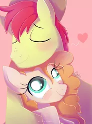 Size: 1024x1382 | Tagged: safe, artist:nnaly, derpibooru import, bright mac, pear butter, earth pony, pony, brightbutter, eyes closed, female, heart, image, jpeg, male, mare, shipping, simple background, stallion, straight