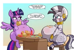 Size: 3596x2457 | Tagged: suggestive, artist:metalface069, derpibooru import, twilight sparkle, twilight sparkle (alicorn), zecora, alicorn, pony, zebra, belly, belly button, big belly, burger, commission, dinner, ear piercing, earring, fat, female, food, food baby, french fries, gut rest, hamburger, image, jewelry, mare, obese, outie belly button, pie, piercing, png, puffy cheeks, spread wings, stuffed belly, twilard sparkle, twilight burgkle, wingboner, wings, zecobese